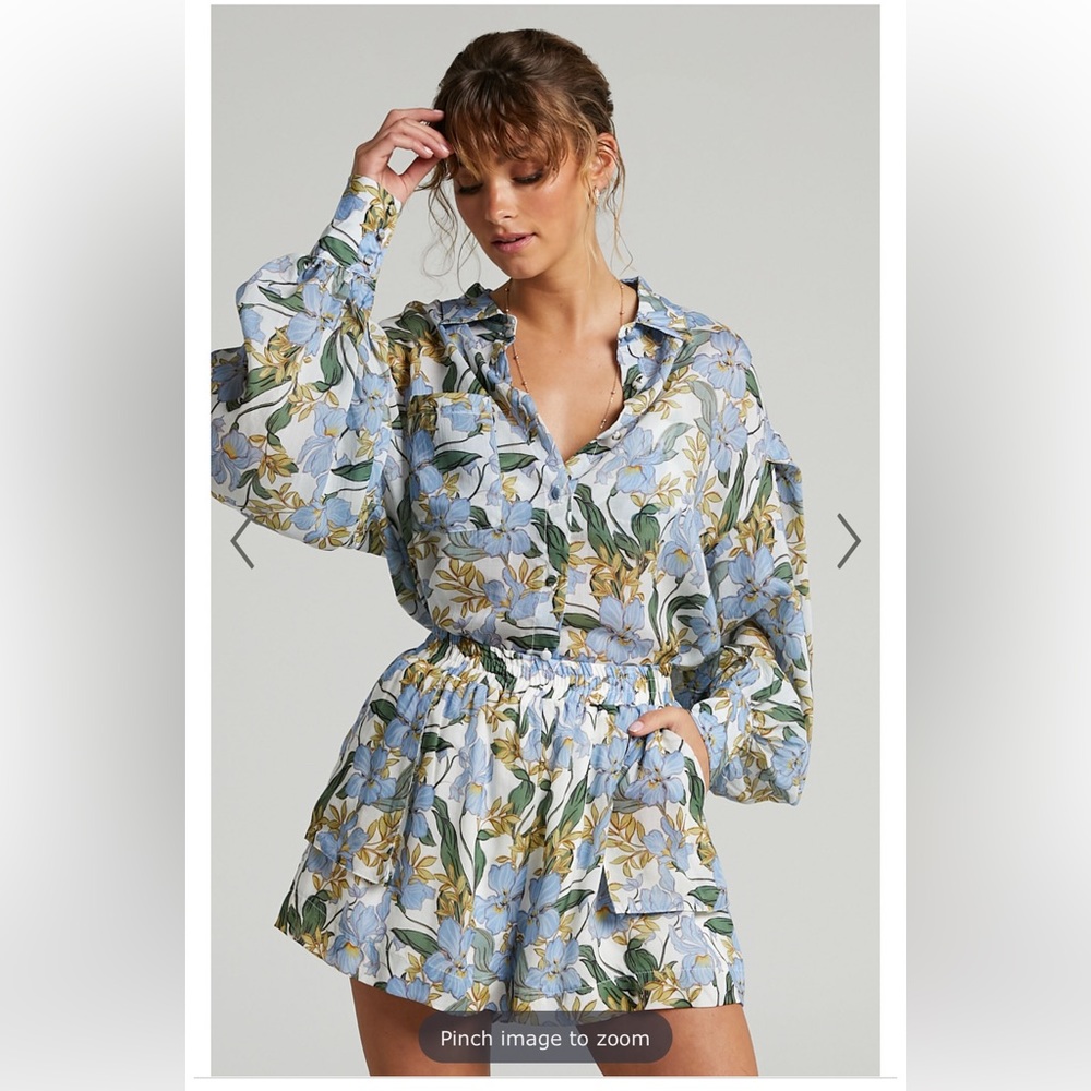 Showpo Blue Floral Button-Up Shirt shorts and bralette - Picture 3 of 10